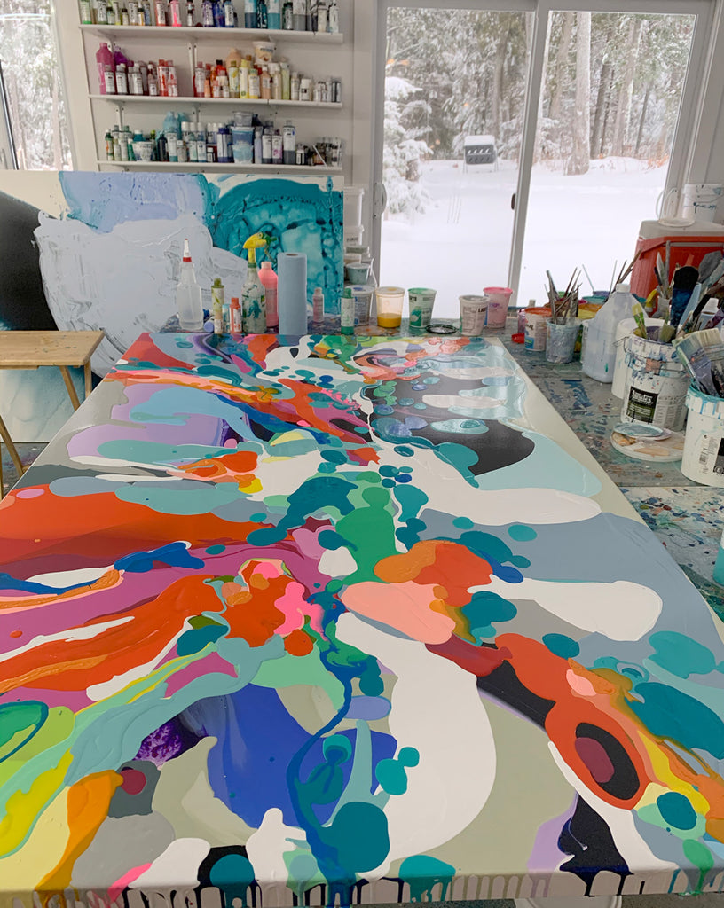 Painting in progress in the art studio of artist Claire Desjardins.