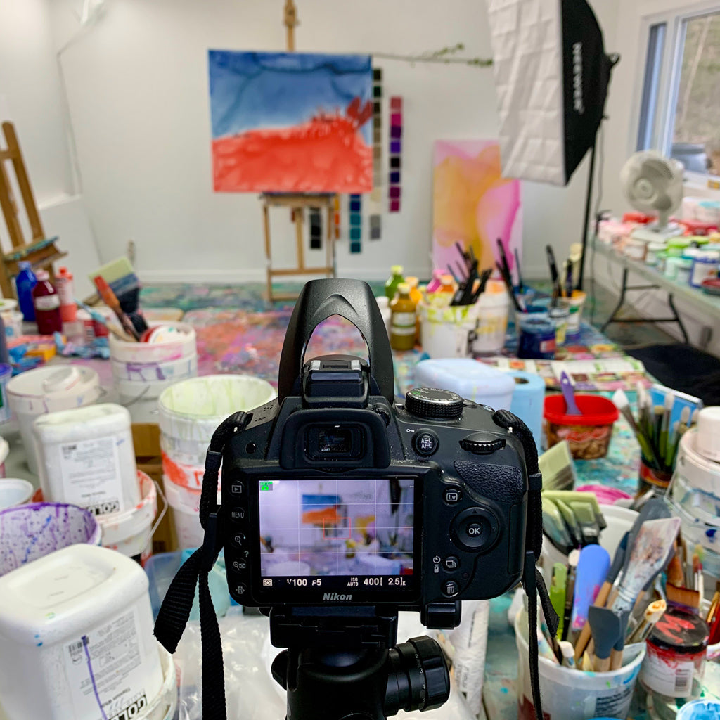 Camera set up to photograph the art of abstract painter, Claire Desjardins.