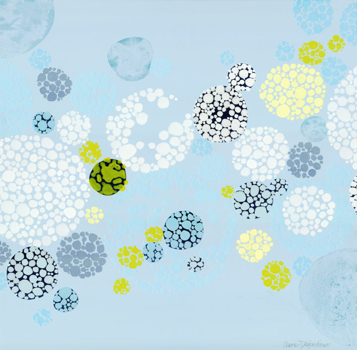 Pale blue, yellow and white abstract painting, Fill in the Blanks, by artist Claire Desjardins, uses negative space.