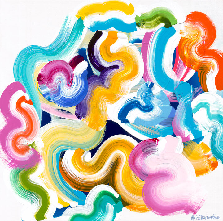 Colourful abstract painting, Confetti, by painter Claire Desjardins.