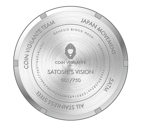 Bitcoin's Genesis Block Hash engraved on the Coin Vigilante crypto watch