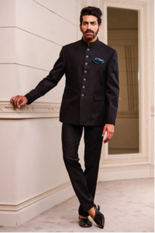 A Man Wearing Black Linen Bandhgala