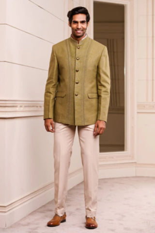 A Man Wearing Olive Linen Bandhgala