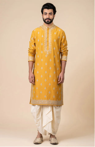 A Man Wearing Yellow Embroidered Kurta Set
