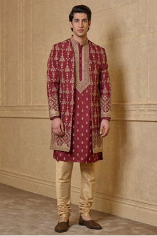 A Man Wearing Rust Open Front Embroidered Sherwani