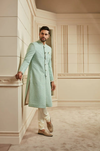 A Man Wearing Jade Sequined Georgette Sherwani