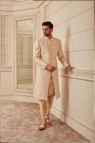 A Man Wearing Beige Quilted Sherwani