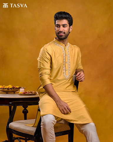 A Men Wearing Yellow Kurta For Ganesh Chaturthi