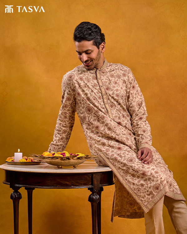 A Men Wearing Floral Printed Kurta For Ganesh Chaturthi