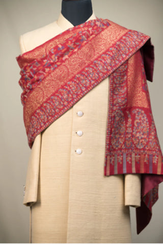 Men Kurta & Red Floral Pattern Stole for Groom