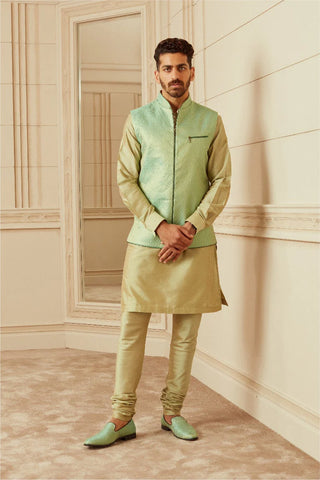 Green Quilted Brocade Kurta Bundi Set