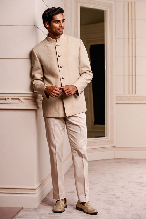 Mens Beige 3 Pc Jodhpuri Suit Brown Piping | InMonarch