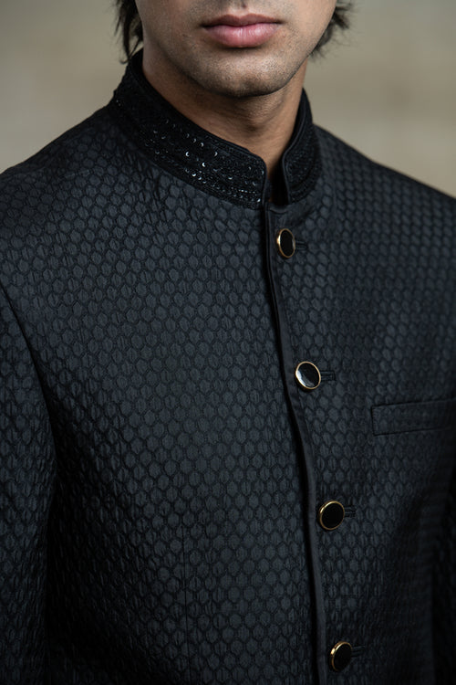 Jade Black With horizontalTextured Premium Bandhgala/Jodhpuri Suits for Men.