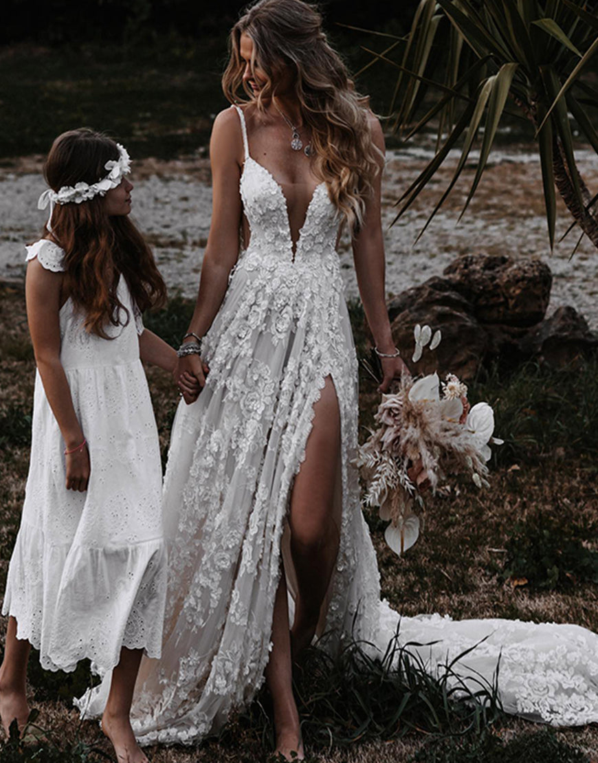 Dressself Lace Beach Wedding Dress With Split Boho Long Bridal Gown 9882