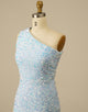 One Shoulder Tight Light Blue Homecoming Dress