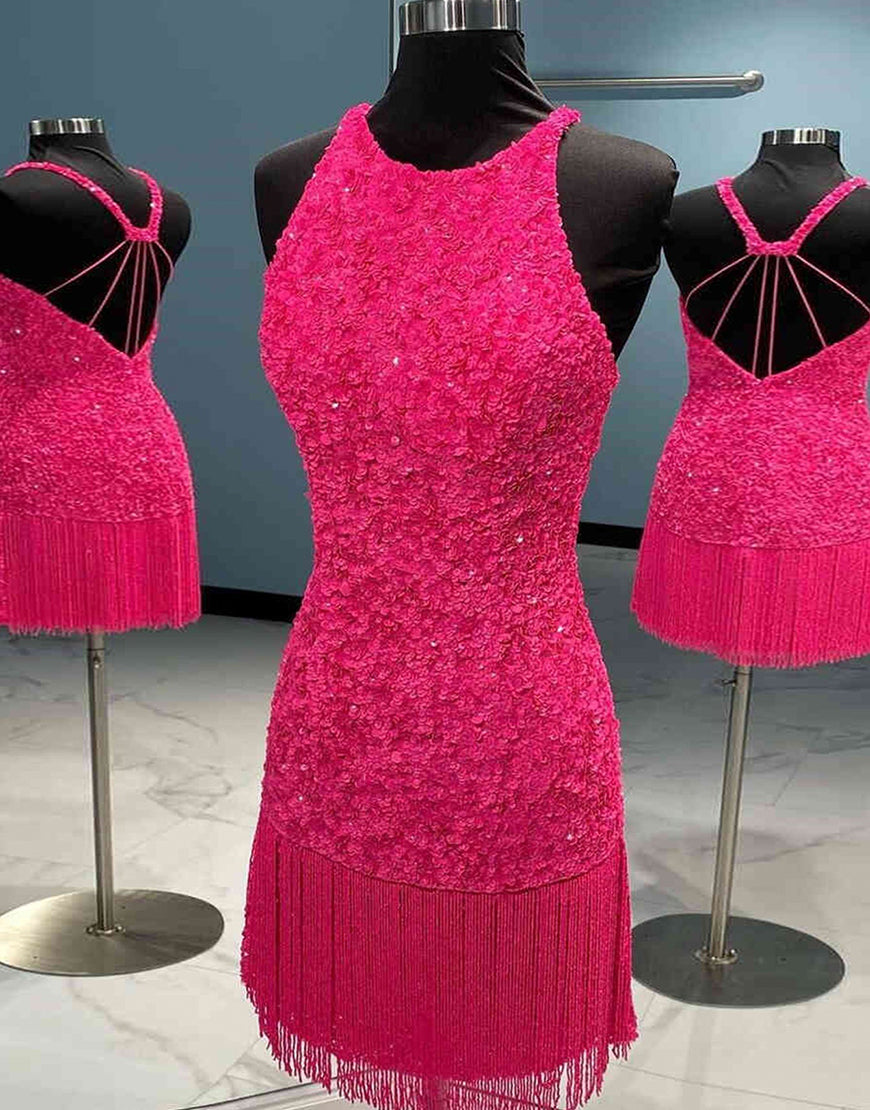 Dressself Glitter Halter Pink Homecoming Dress With Tassel 