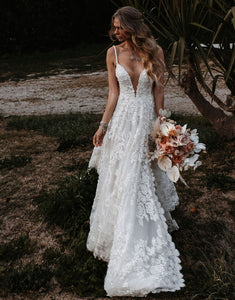 Dressself Lace Beach Wedding Dress with Split Boho Long Bridal Gown