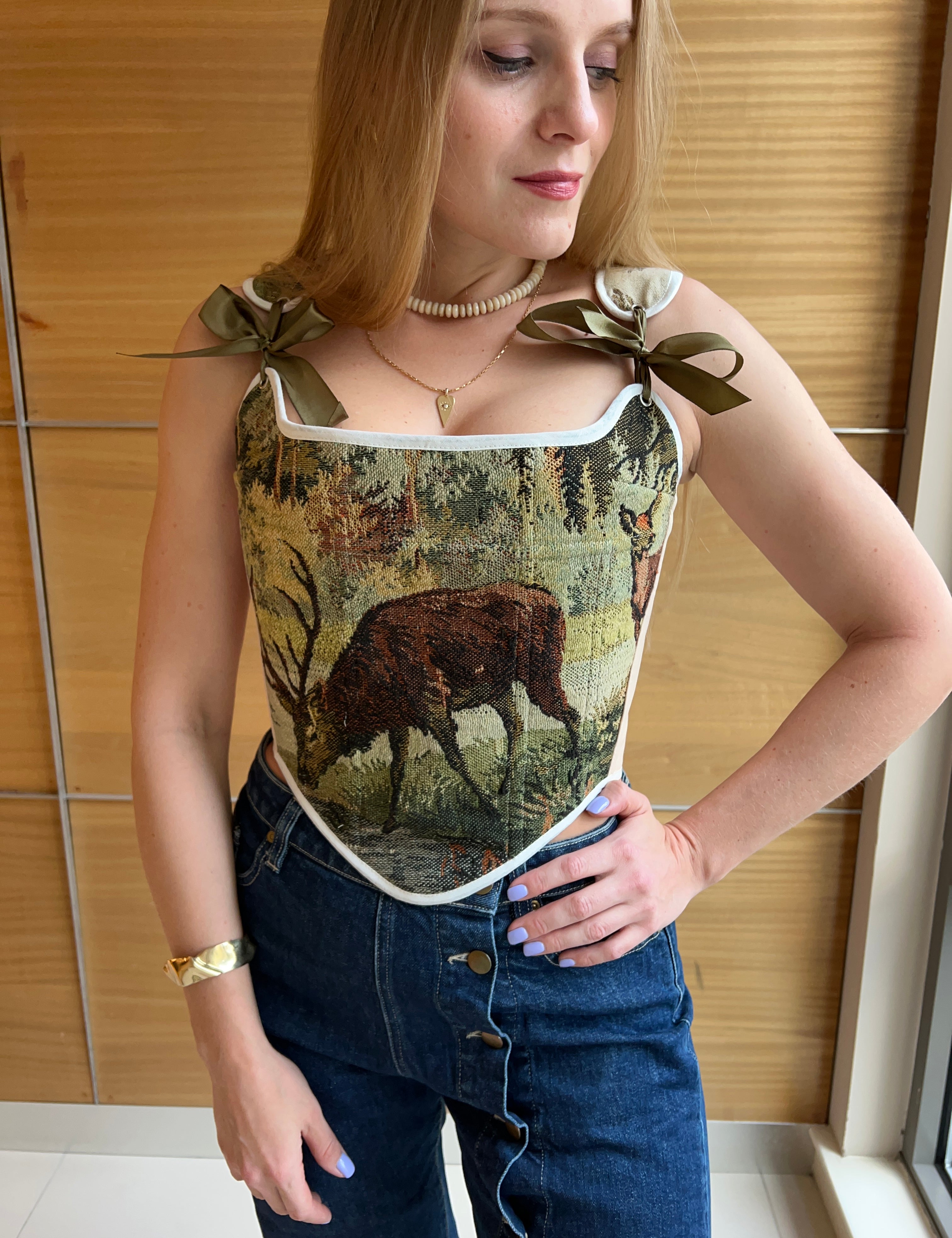 Vintage Tapestry Lace-up Corset Belt, Forest Sunlight pattern