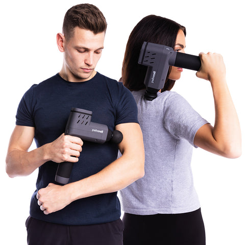 Male and female using grey pro massage gun