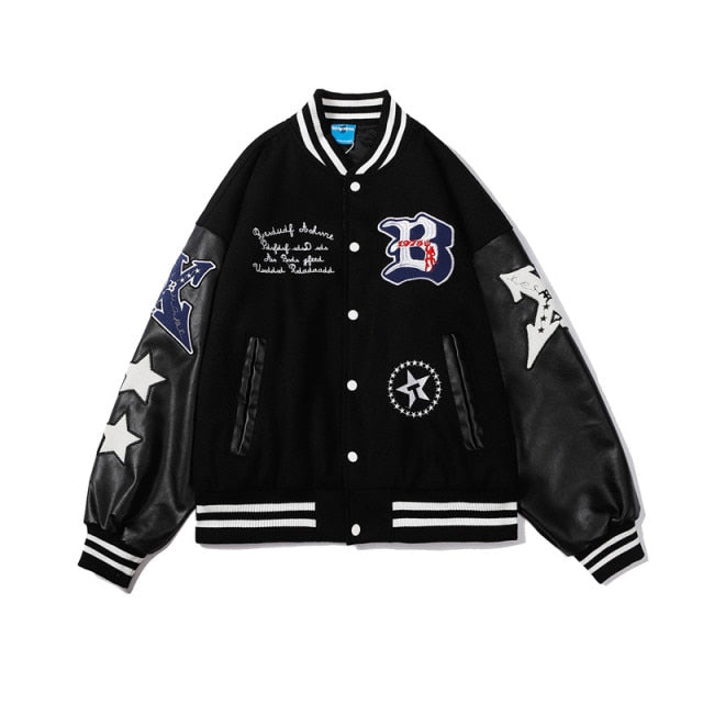 Hip Hop Baseball Jacket Coat Men Letter B Embroidery Leather Sleeve Varsity Bomber Biker Punk Vintag