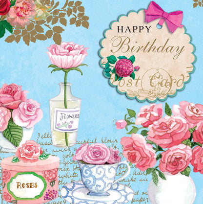 Vintage Roses Happy Birthday Indigo Blue Trading