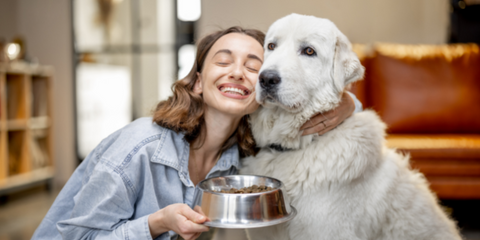 White dog with a female dog owner holding a dish bowl