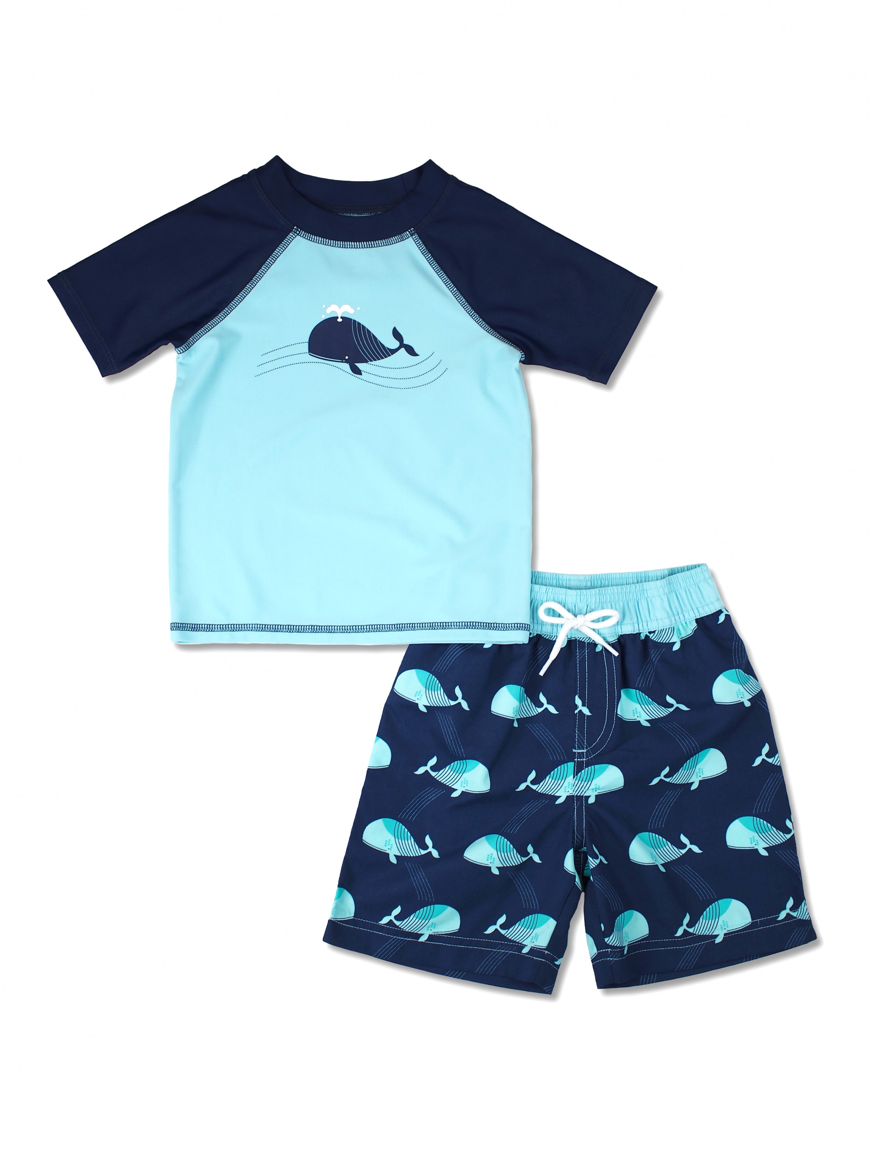 Boys Whale Short Sleeve Rash Guard & Swim Trunks Set, Navy – Floatimini