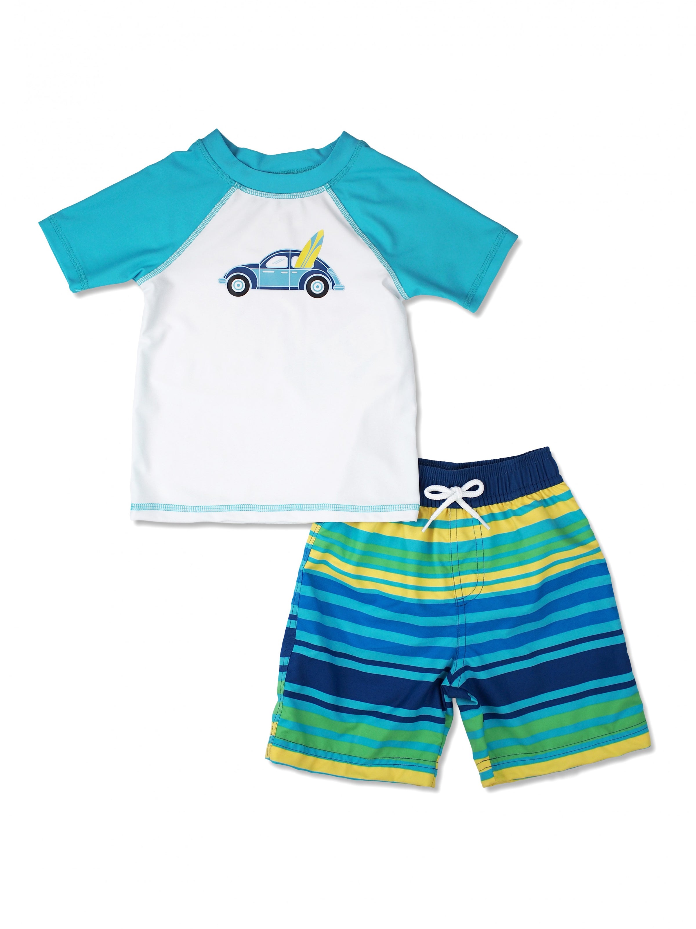 Boys Car Short Sleeve Rash Guard & Swim Trunks Set, Teal – Floatimini