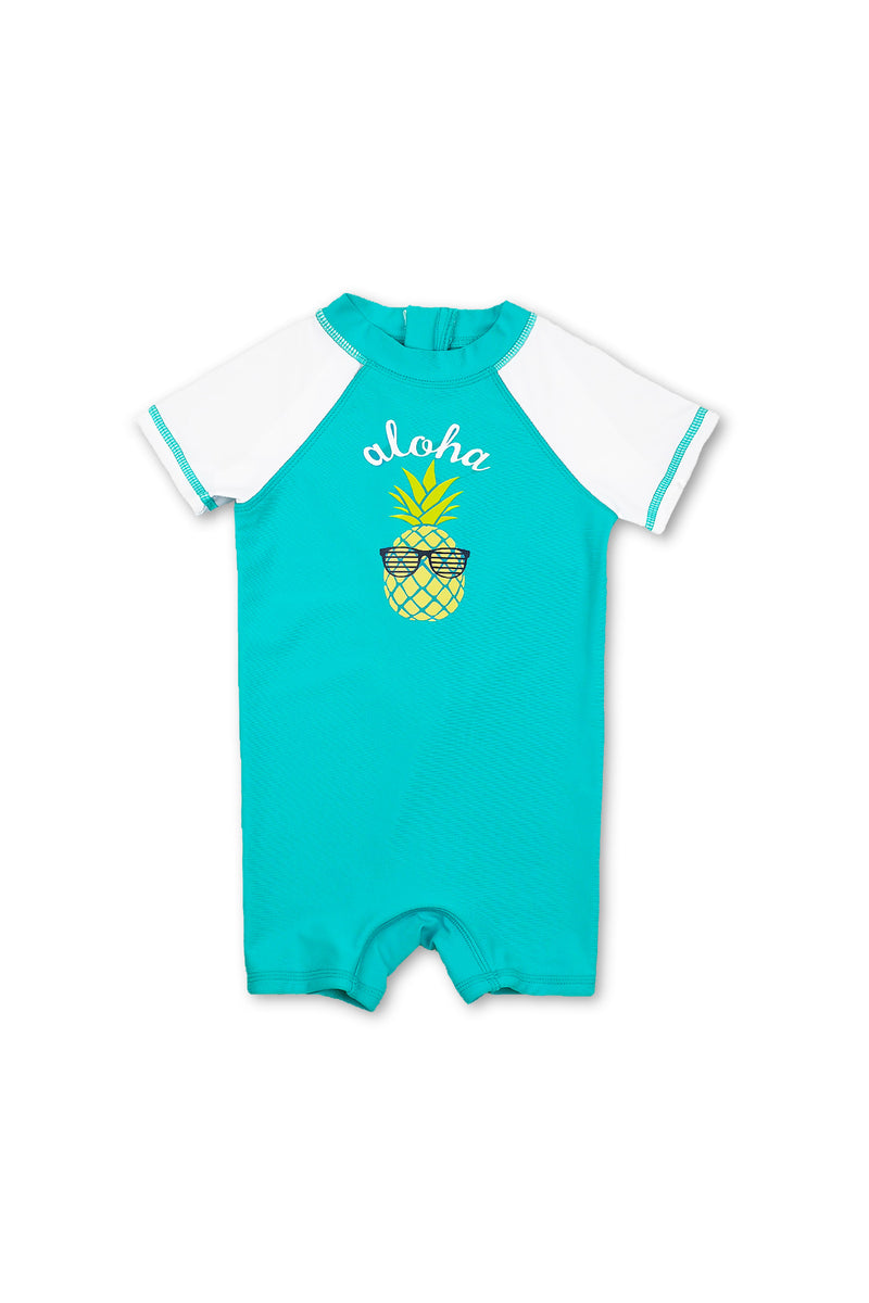 Boys Aloha Pineapple Short Sleeve Half Zip One Piece Swim Sunsuit, Blu ...