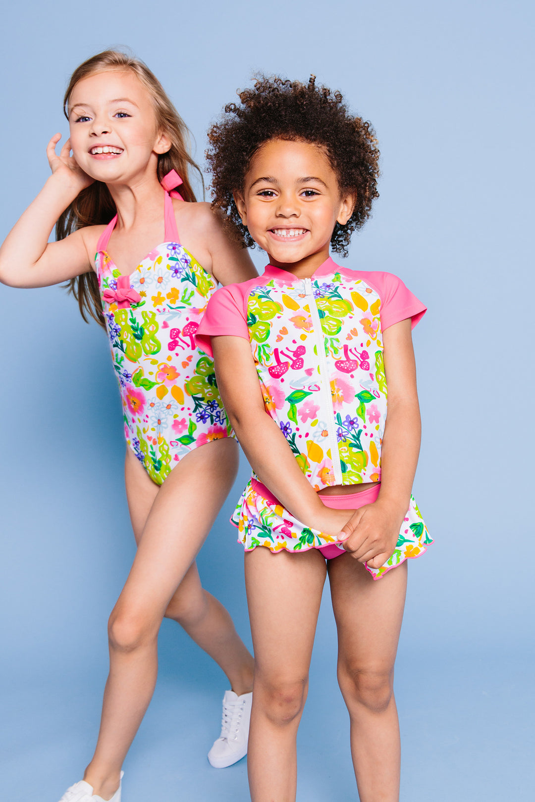 Flower Garden Bikini & Short Sleeve Rash Guard 3-pc Set, pink – Floatimini