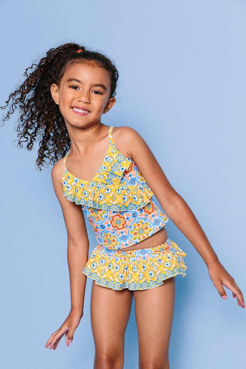 Spanish Tile Front Wrap Tankini Set, yellow – Floatimini