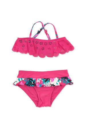 Vintage Floral Laser-cut Bandeau Bikini Set, hot pink – Floatimini