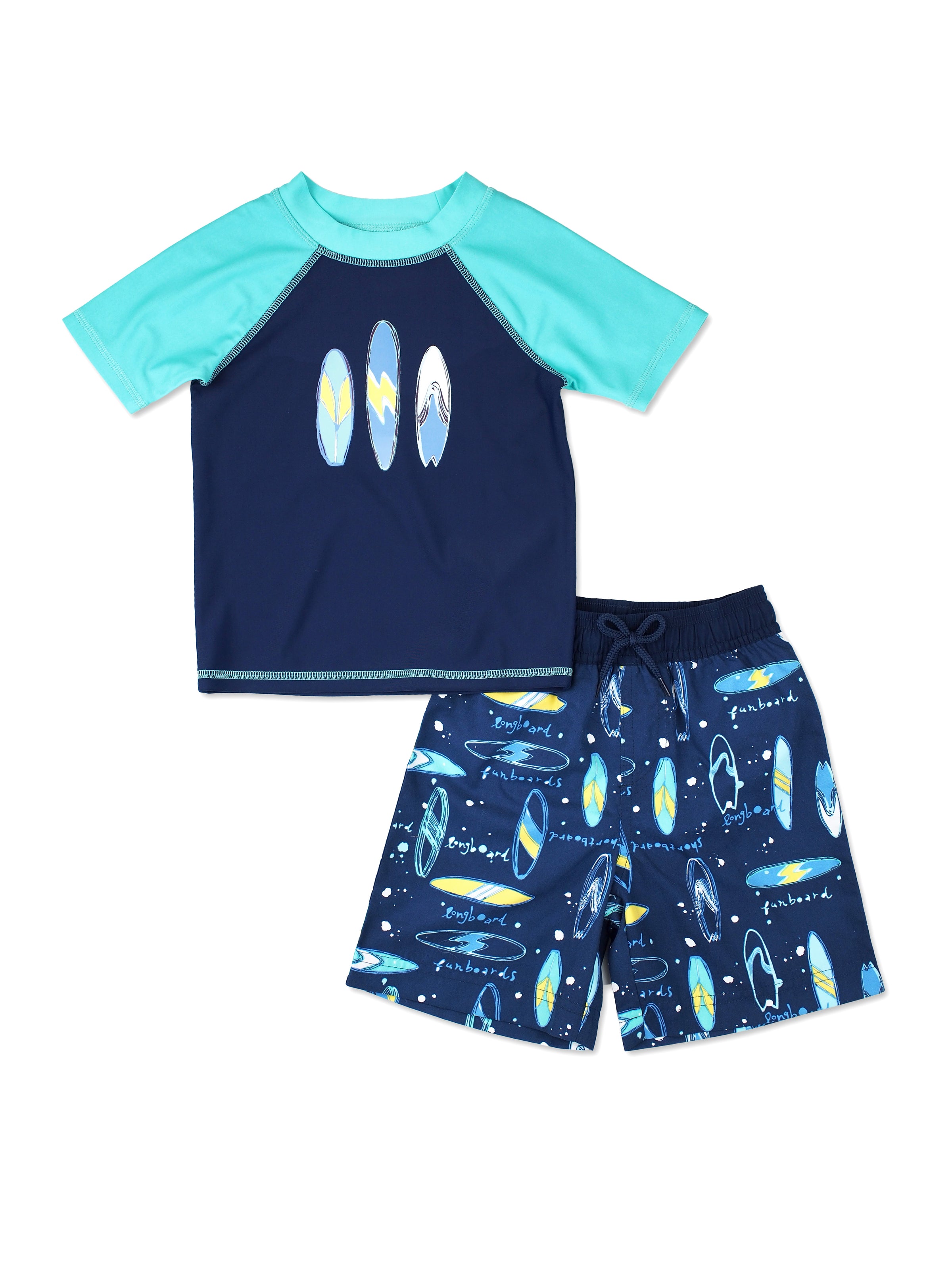 Boys Surfboard Short Sleeve Rash Guard & Swim Trunks Set, Navy – Floatimini