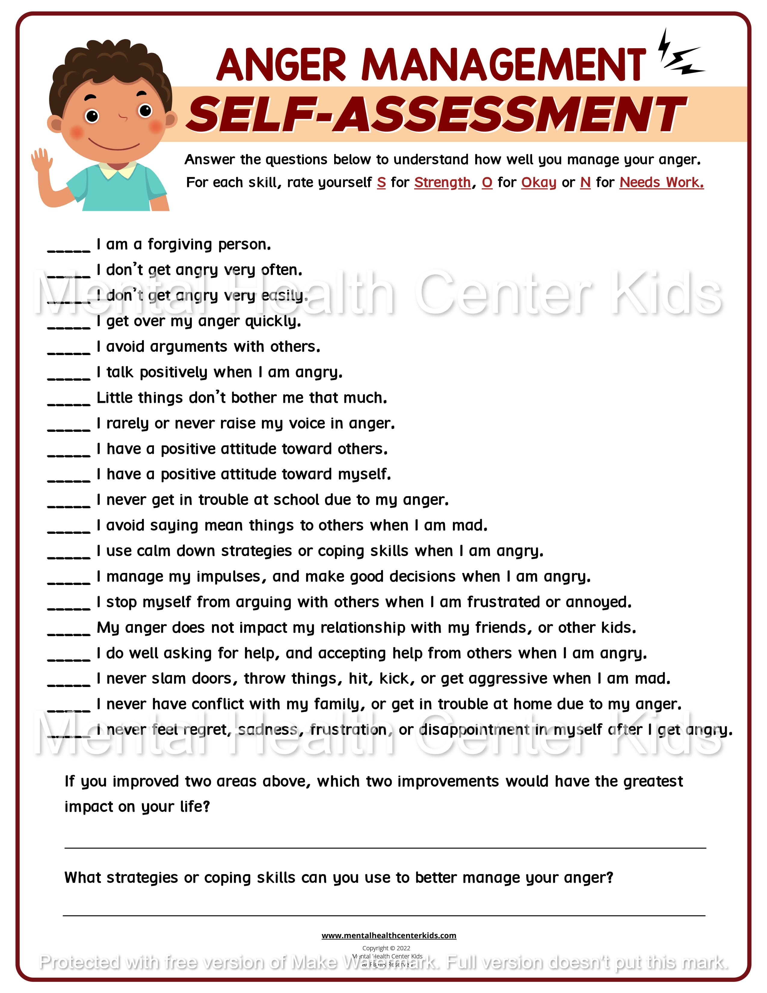 anger management self assessment test worksheet mental health center kids