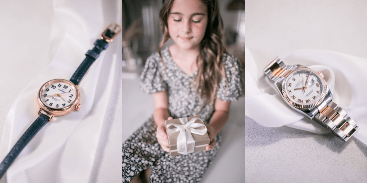 photo collage of 2 watches and young girl holding wrapped jewelry gift box