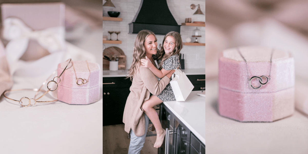 photo  collage of jewelry and mother embracing daughter