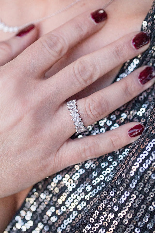 Jenny wearing A. Jaffe Diagonal Marquise Diamond Eternity Band