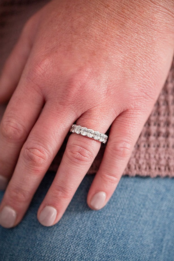 Jessica wearing A. Jaffe Oval Diamond Eternity Ring in White Gold