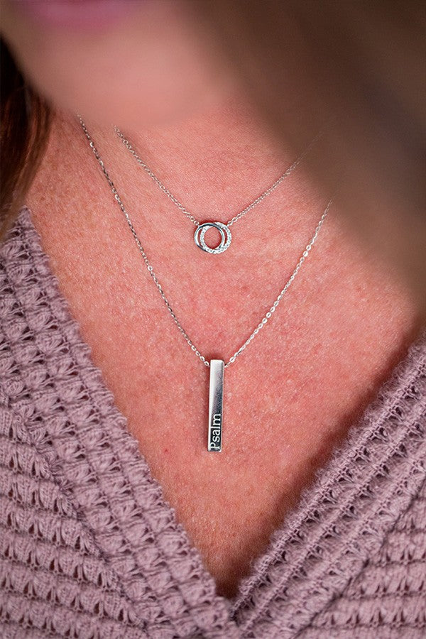 Jessica wearing You + Me Necklace with Diamonds in White Gold and 3D Vertical Bar Necklace in White Gold