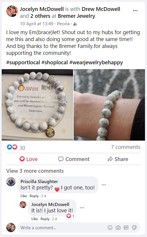 Screenshot of Facebook post from customer who loves their new embracelet