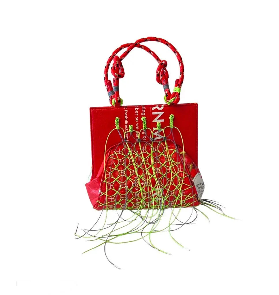 An $899 handbag designed by Shelly Parker using FreshDirect bags.Credit...Shelley Parker