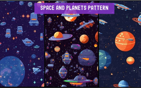 Version 5.0 Tileable Pixel Art Pattern of Planets and Spaceships Floating in Space, No Watermark, Stylized at 500, featured in the blog