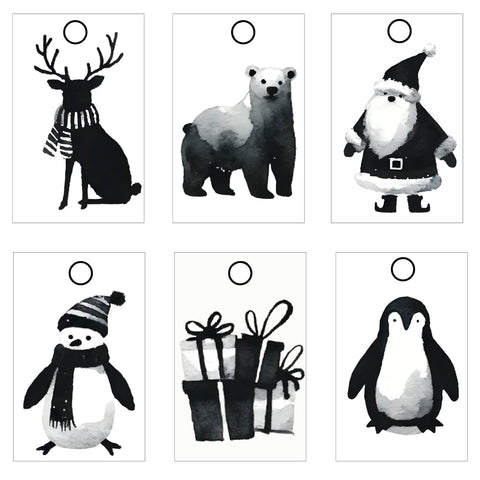 Animal Silhouettes Christmas Tags, featuring silhouettes of reindeer, polar bears, penguins, snowmen, and elves, designed in a black and white watercolor style.