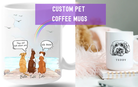 two custom mugs designed with pictures of pet and cute sayings