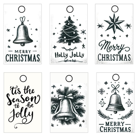 the simple and adorable vintage Christmas tags, featuring classic symbols and designed in a black and white watercolor style.