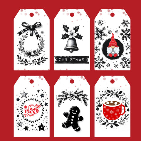 Monogram Christmas Tags, each designed with space for a specific design, surrounded by different Christmas-themed decorations.