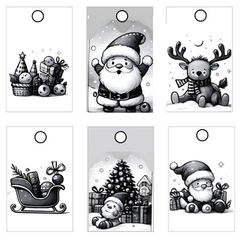 Christmas Tags, featuring charming scenes like elves, toys, and Santa’s sleigh, all designed in a black and white watercolor style on a white sheet.