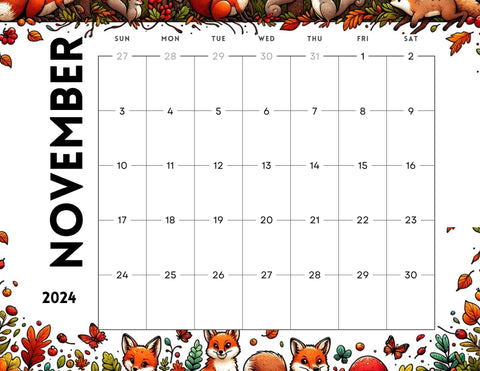 Woodland Creatures November 2024 Calendar