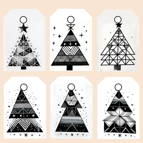 cute adorable Geometric Patterns Christmas Tags, featuring modern and artistic geometric interpretations of Christmas trees and stars, designed in a black and white watercolor style.
