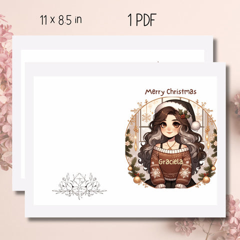 easy to print 11x8.5 inch Christmas Greeting Card print-ready sheet showcasing cartoon girl with name